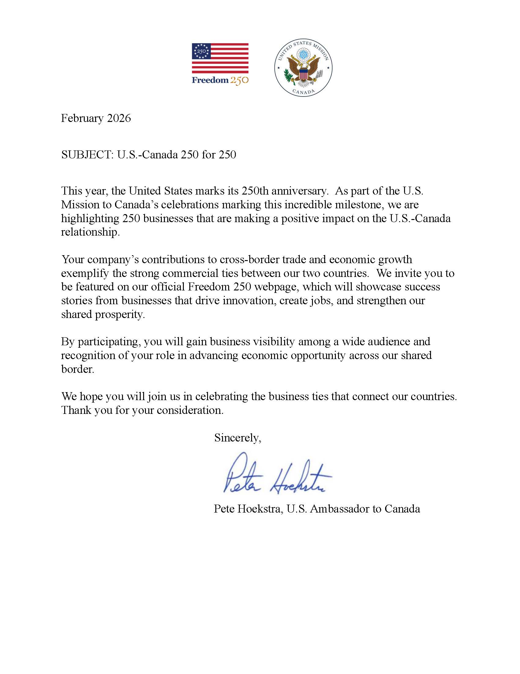 Letter from Pete Hoekstra, U.S. Ambassador to Canada, recognizing SGI for the Freedom 250 platform